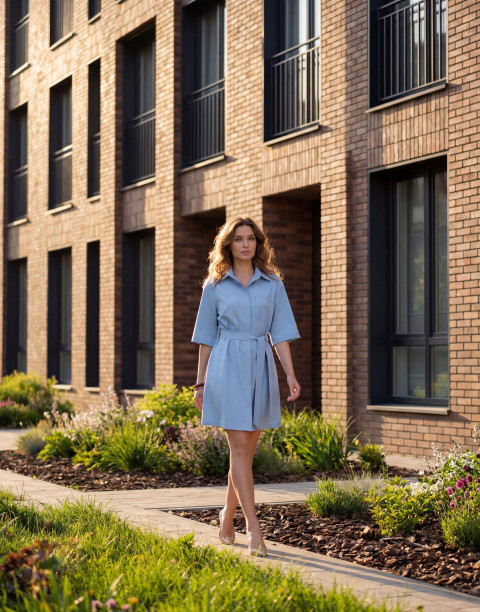 Платье-рубашка длины мини с поясом и карманами