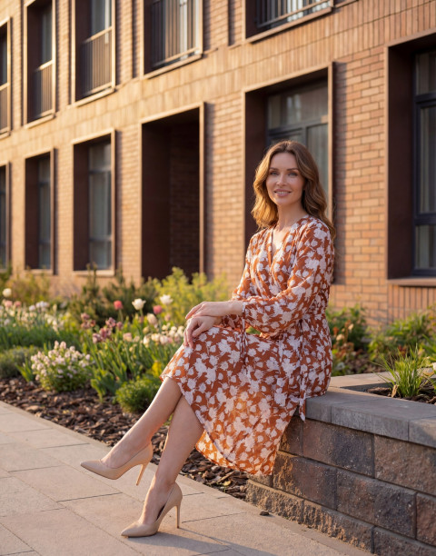 Платье длины миди с имитацией на запах и кулисой на рукавах